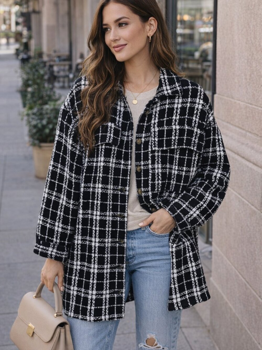 Black and White Plaid Knit Jacket